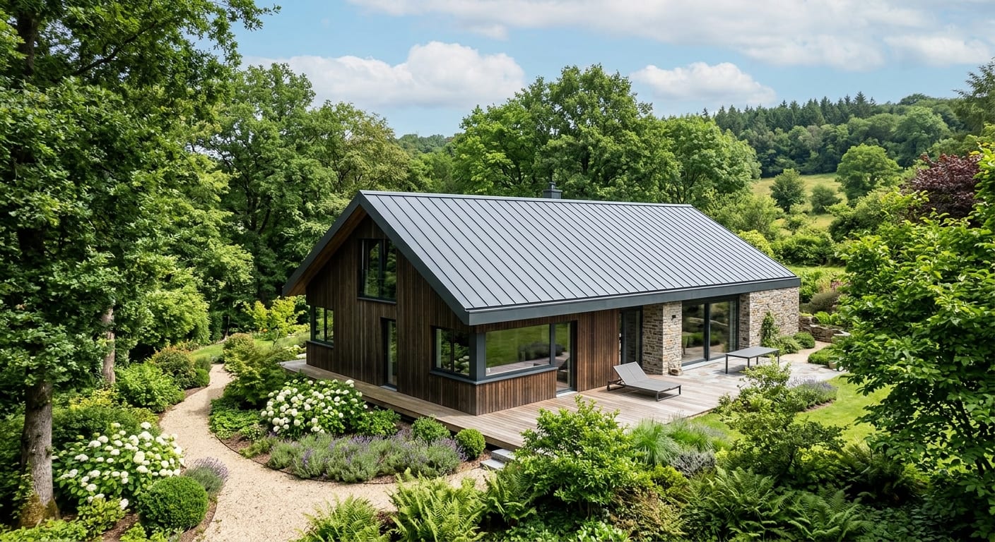 Maison contemporaine entourée de verdure avec toiture métallique neuve et finitions soignées en Wallonie