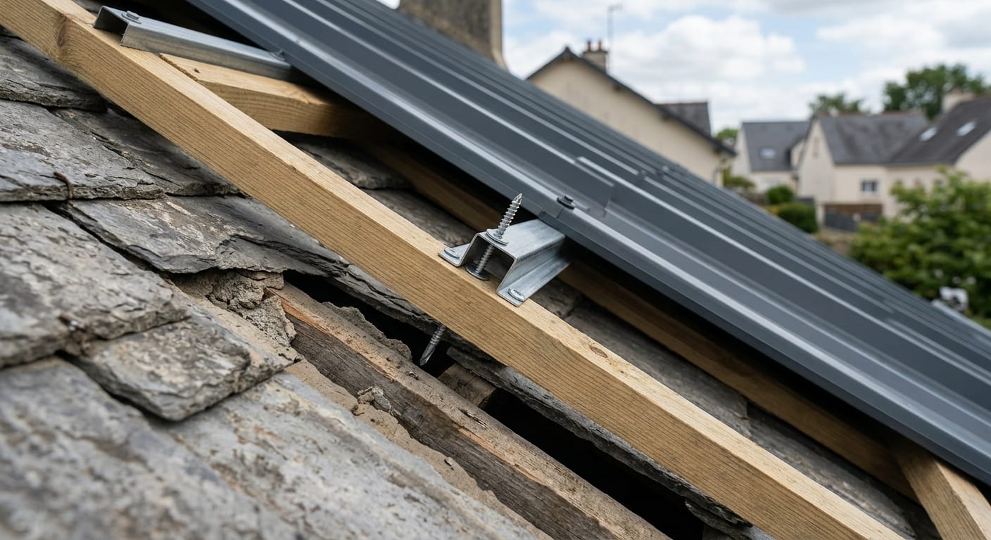 Détail technique d'une fixation de surtoiture métallique posée sur un lattage ventilé au-dessus de vieilles ardoises
